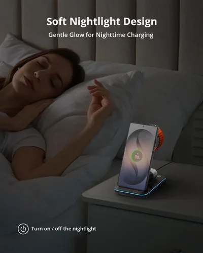 Vista 8 de Cargador inalámbrico para Samsung y Android: estación de carga JoyGeek 3 en 1 para S26/S25/S24/S23/S22/S21/S20/Note20/Z Fold&Flip, Galaxy