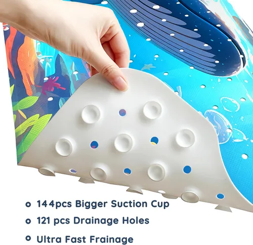 Vista 5 de LNOND Alfombra de baño para niños, tapete antideslizante de ballenas azules, con orificios de drenaje y ventosas, lavable a máquina