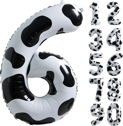Vista 9 de Suministros de decoración de cumpleaños de globos con estampado de vaca, globo número 0 de 40 pulgadas, decoraciones de fiesta de cumpleaños