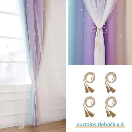 Vista 4 de Anjee Cortinas de estrellas para niñas, estilo recortado, 2 en 1, de doble Azul/Púrpura/Amarillo