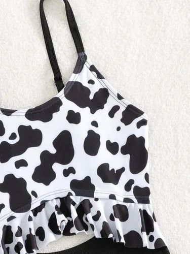 Vista 3 de WDIRARA Traje de baño de una pieza para niña con estampado de vaca y volantes de cintura alta