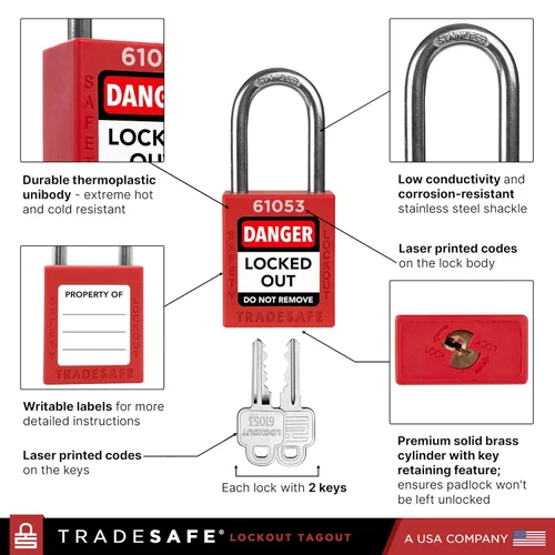 Vista 8 de TRADESAFE Estación de etiquetado de bloqueo con dispositivos Loto - Juego de 14 bloqueos de seguridad, 6 cerrojos, 40 etiquetas de no operación