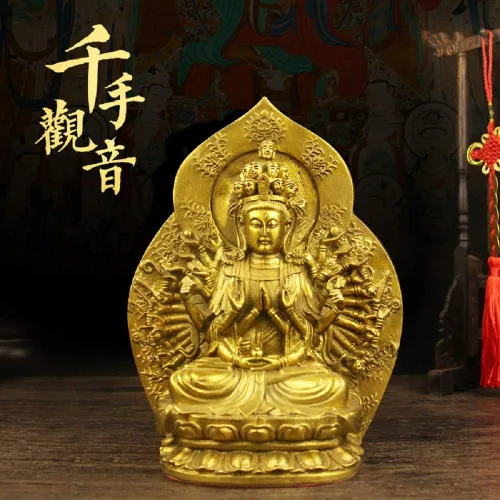 Vista 3 de Fengshui KwanYin - Estatua de las mil manos del bodhisattva Guan Yin, estatuas de Buda de latón, esculturas para decoración del hogar (grande)