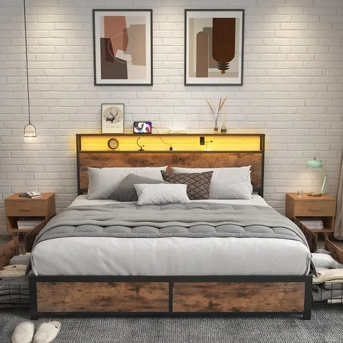 Vista 7 de Lifezone Base de cama Queen con cabecera de almacenamiento de 2 niveles, base de cama de plataforma de metal con 4 cajones de almacenamiento, Marrón