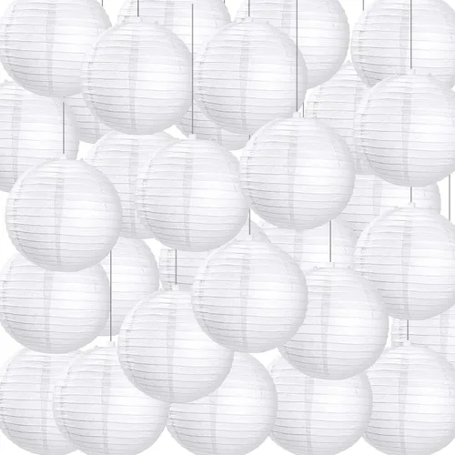 Vista 9 de Treela Faroles de papel japoneses chinos blancos decorativos colgantes redondos de papel para decoración de bodas, fiestas de cumpleaños