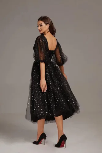 Vista 5 de Smileven Vestidos de fiesta de tul estrellado brillante para mujer manga abombada abertura formal vestidos de fiesta de noche