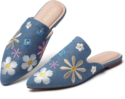 Vista 14 de Tilocow Mules para mujer, cómodos mocasines puntiagudos, sin espalda, planos, zapatos casuales de negocios, deslizantes, sin cordones beige