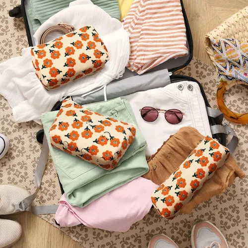 Vista 6 de Photect Juego de 3 bolsas de maquillaje floral para bolso, bolsa de lona de pana, pequeña bolsa de cosméticos para mujeres, mini artículos