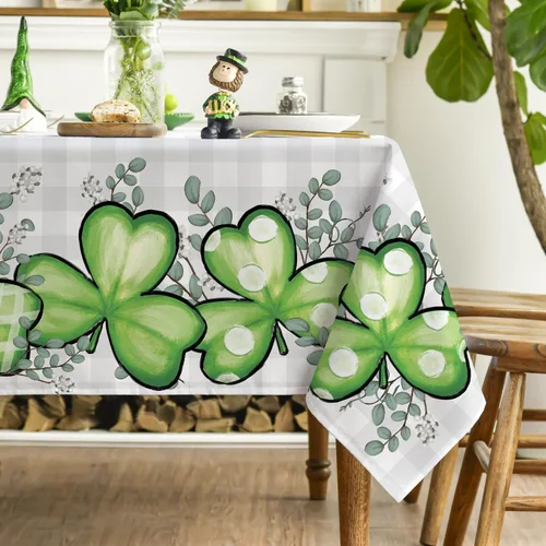 Vista 4 de Horaldaily Mantel rectangular del Día de San Patricio de 52 x 70 pulgadas, mantel lavable de eucalipto de trébol a cuadros de búfalo para decoración