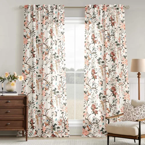 Vista 31 de Cortinas de lino de pájaro floral azul 2 paneles de 72 pulgadas de largo Aqua Blue