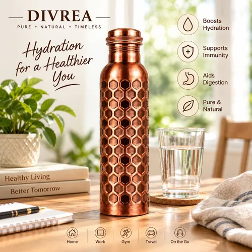 Vista 5 de Botella de agua de cobre 100% puro para beber, 34 onzas de boca