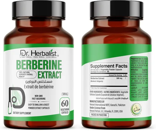 Vista 5 de Dr. HERBALIST Berberina Cápsulas 500 mg, Berberis Aristata Extracto de agracejo indio con alcaloide de berberina, para azúcar en la sangre ya