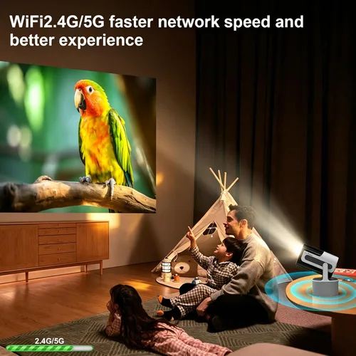 Vista 5 de Proyector portátil KTV JY320, mini proyector compatible con 4K con 2 micrófonos inalámbricos, WiFi6, Bluetooth, giratorio de 180°, proyector de cine