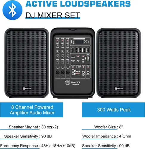 Vista 3 de NBVOICE Sistema PA integrado de 2 vías profesional portátil todo en uno, configuración fija, diseño de maleta con mezclador de 8 canales, 2 soportes