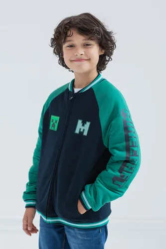 Vista 2 de Minecraft Creeper French Terry Zip Up Varsity Bomber Chaqueta de niño a niño grande