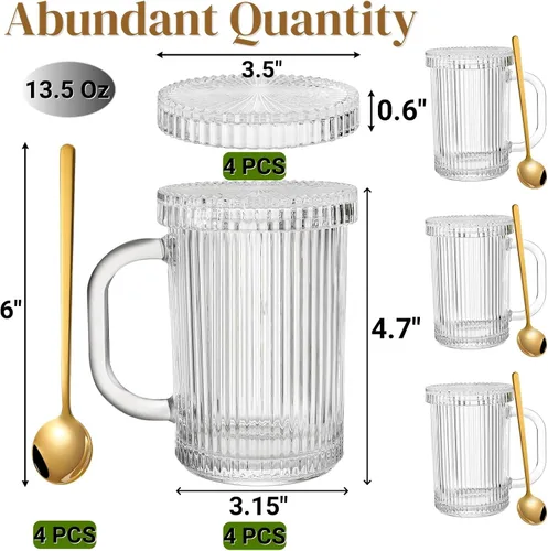 Vista 2 de Noamus Paquete de 4 tazas de café de vidrio con tapa y cuchara, taza de té de rayas verticales acanaladas de 13 onzas, juego de cristalería clásica