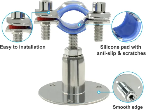 Vista 3 de 2 soportes de tubo de montaje en pared de acero inoxidable 304, adecuados para tubos OD de 1/2 pulgadas (0.748-0.866 in), altura ajustable