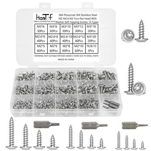 Vista 8 de 700Pcs Tornillos autorroscantes Phillips de cabeza plana con arandela, acero inoxidable 304, tornillos de madera pequeños/mini M2 M2.3 M2.6 M3, kit