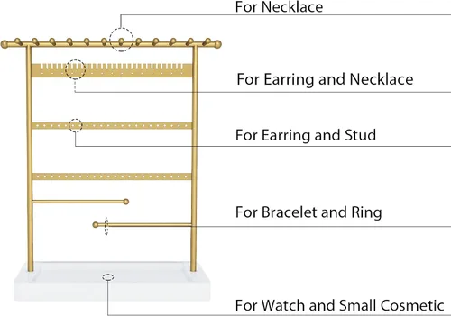 Vista 4 de SANY DAYO HOME Organizador de joyas de 6 niveles, soporte para collares, estante de torre de joyería dorado con 12 ganchos para collares, 29 muescas
