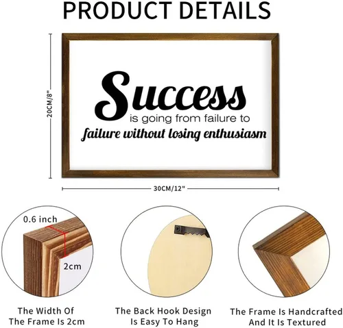 Vista 2 de Letrero con marco de madera con texto en inglés "Success is Going from Failure to Failure Without Losing Enthusiasm", decoración de pared, citas
