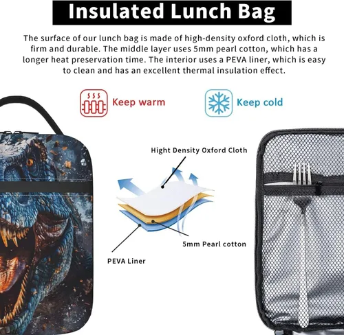 Vista 6 de Lonchera aislada para niños y niñas, lonchera de dinosaurio para el trabajo, picnic, escuela, viajes, senderismo, playa o pesca, bolsa de almuerzo