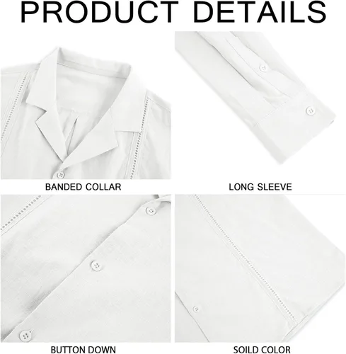 Vista 3 de Mens Linen Guayabera Shirt Long Sleeve Casual Button Down Mexican Embroidered Cuban Summer Wedding Tops