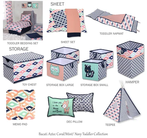 Vista 8 de Bacati - Falda de cuna azteca/cama infantil (Emma Kilim Coral/Mint/Navy)