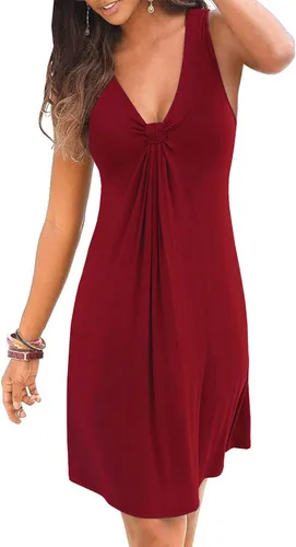 Vista 4 de Vestido casual de verano para mujer, con cuello en V profundo, para playa, estilo imperio, con vuelo, sin mangas, nudo frontal Negro