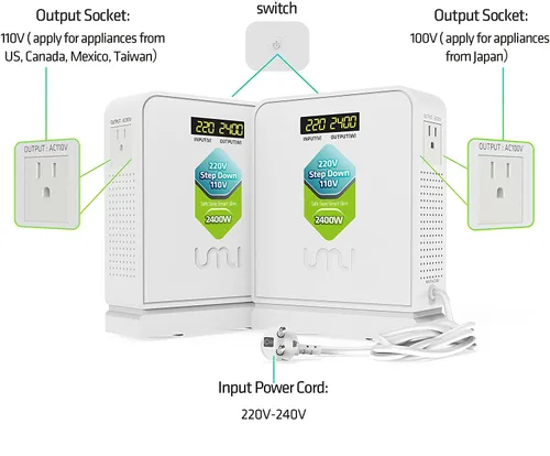 Vista 3 de UMI 2400W Convertidor de voltaje de 220 V a 110 V, convertidor de potencia de 220 V a 110 V de servicio pesado con modo automático, convertidor