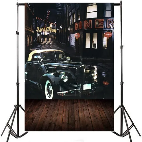 Vista 3 de AOFOTO Fondo de esquina de calle vintage de 5 x 7 pies, telón de fondo retro para fotografía de automóvil, nostalgia, edificios urbanos, niños