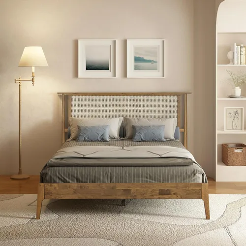 Vista 12 de NTC Marco de Cama de Madera Ruby con Cabecero y Ratán Natural, Base de Madera Sólida de Roble/Caucho con Listones Silenciosos, Capacidad de 1000