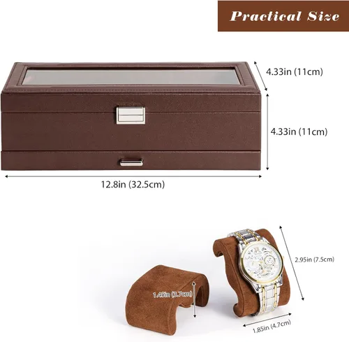 Vista 6 de ProCase Caja para reloj, caja de exhibición de 6 ranuras con cajón, caja de reloj para hombre con tapa de vidrio, organizador de almacenamiento