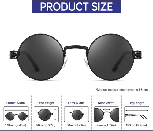 Vista 3 de Round Polarized Steampunk Sunglasses Men, Circle Metal Frame, Hippie Shades
