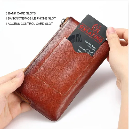 Vista 4 de Cartera de cuero genuino con cremallera para hombre. Hay 6 tarjetas bancarias dentro de la bolsa del teléfono móvil y 1 ranura para tarjetas