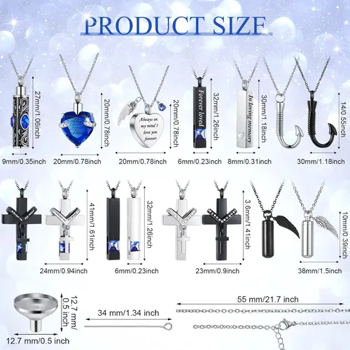 Vista 4 de 16 piezas de collar de urna para cenizas, medallón de cenizas talladas de acero inoxidable impermeable con 8 kit de relleno, cilindro de corazón