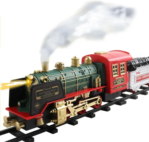Vista 9 de Tren eléctrico de Navidad con control remoto con humo, luces, sonido, locomotora, automóviles y transporte remoto, recargable por USB, con pista