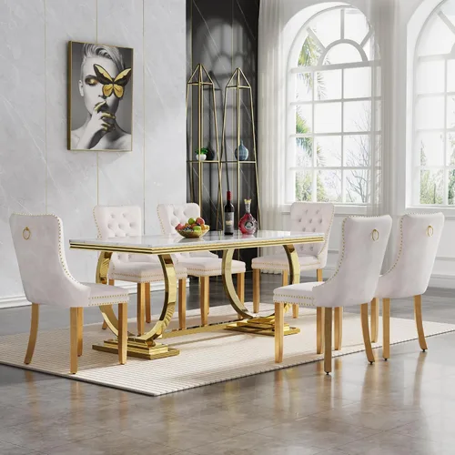 Vista 33 de HomVent Juego de mesa de comedor moderna de mármol sintético para 4 personas, mesa de cocina rectangular con 4 sillas beige (dorado)