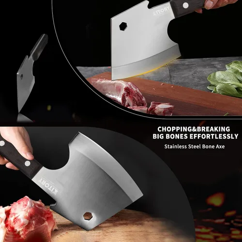 Vista 9 de Kitory Cuchilla de carne, cuchillo de corte de huesos resistente, hoja súper gruesa en forma de hachas de espiga completa, rompe huesos, cuchillo