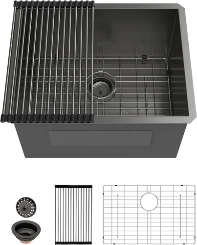Vista 9 de Sarlai Gold Fregadero de Cocina Empotrado - Fregadero de Cocina de 28 Pulgadas Empotrado de Acero Inoxidable Dorado Tazón Individual de 28" x 19