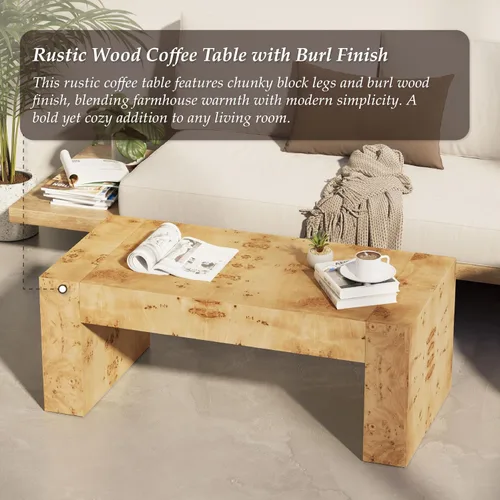 Vista 4 de COZAYH Mesa de café moderna de madera con acabado en buril, patas gruesas, mesa central rectangular para sala de estar, diseño elegante