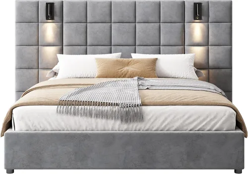 Vista 3 de Base de cama tamaño King con cabecero de 46 pulgadas de alto, plataforma tapizada de terciopelo, cabecera de tela suave copetuda, lámparas