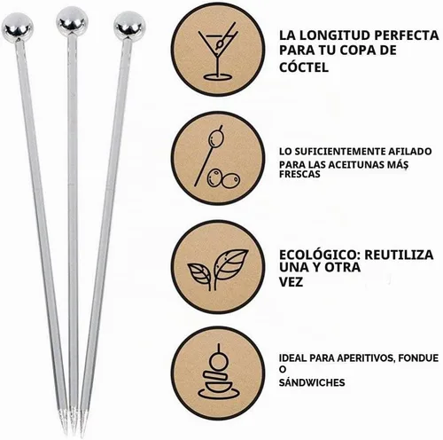 Vista 2 de Paquete de 45 palillos de cóctel de acero inoxidable para martini 3 estilos 45 piezas