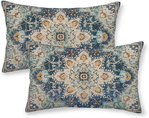 Vista 42 de Juego de 2 fundas de almohada bohemias de 16 x 16 pulgadas, color negro y marrón, fundas de almohada con patrón de alfombra étnica rústica, fundas
