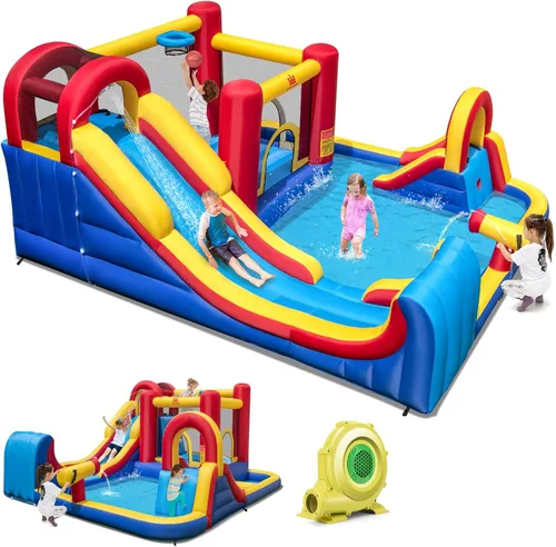 Vista 13 de BOUNTECH Tobogán acuático inflable, 7 en 1 doble tobogán para niños, parque acuático para niños, toboganes de agua inflables para exteriores