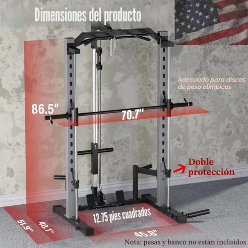 Vista 5 de OPPSDECOR All-in-One Adjustable Smith Machine with LAT-Pull Down System Multi-Function Power Cage for Home Gym Cable Crossover Squat Rack of