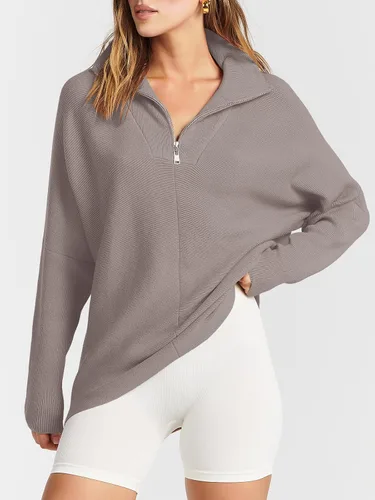 Vista 3 de ANRABESS Suéteres de gran tamaño con media cremallera para mujer, cuello en V, manga larga de murciélago, casual, holgado, de punto alto y bajo