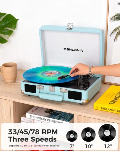 Vista 4 de Tocadiscos de maleta Bluetooth con altavoces integrados, control de graves y agudos, tocadiscos de transmisión por correa de 3 velocidades