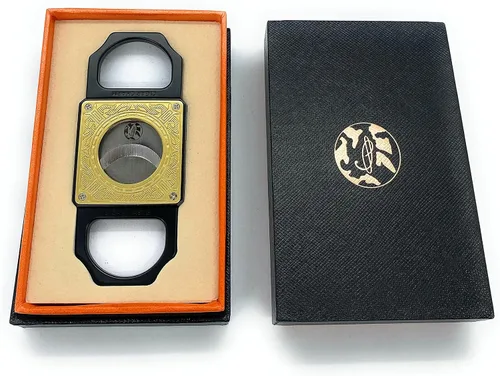 Vista 2 de LP CIGARS Cortador de guillotina elegante hoja de acero inoxidable, metal de aleación de zinc dorado con latón estampado negro (negro)
