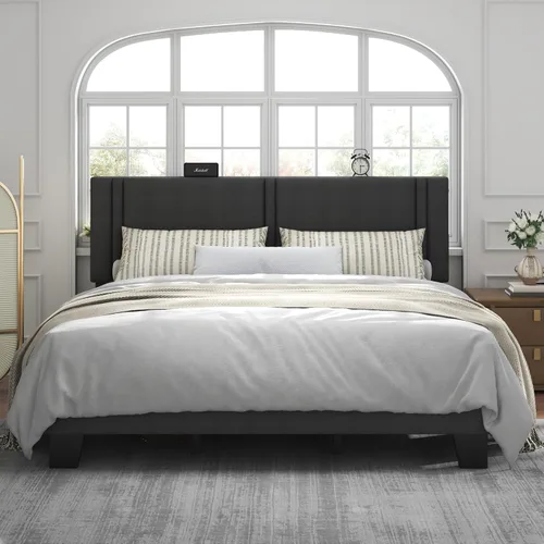 Vista 11 de Feonase Marco de Cama de Plataforma de Tamaño Completo, Marco de Cama Tapizado en Tela con Respaldo Alado, Listones de Madera Maciza y Soporte