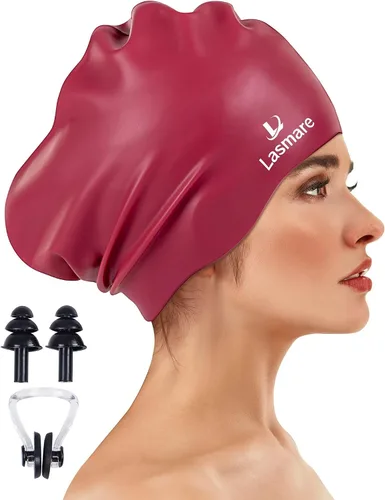 Vista 9 de Large Long Hair Swim Cap with Extra Room for Women Men, Silicone Swimming Cap for Long Thick Hair with Ear Plugs Nose Clip Set, Adult Waterproof